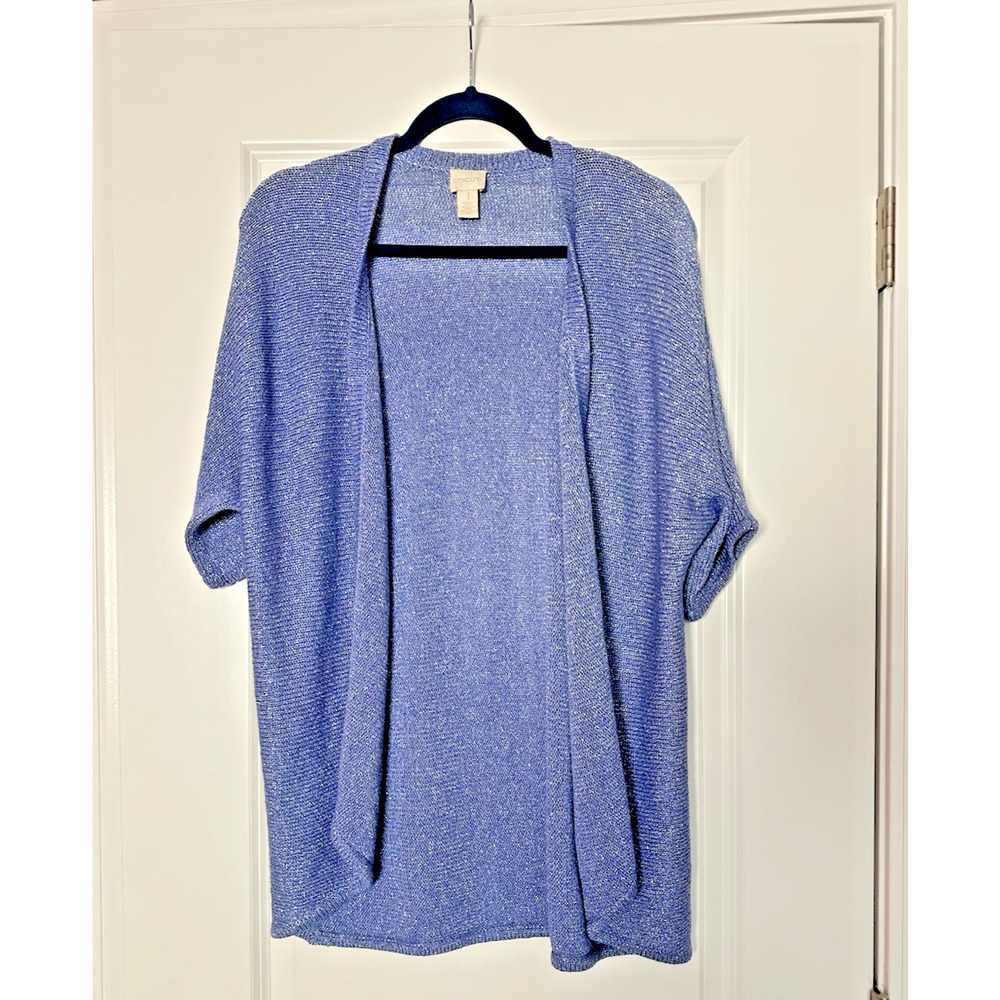 Chico's Blue & Silver Metallic Open Short Sleeve Cardigan Sweater Size 1 Rayon